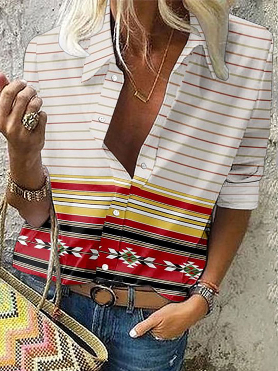 Casual Loose Ethnic Stripe Printed Long Sleeve Blouse