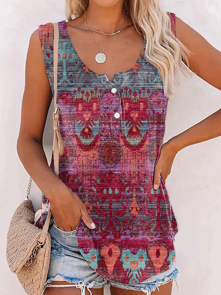 Sleeveless Round Neck Casual Printed T shirt