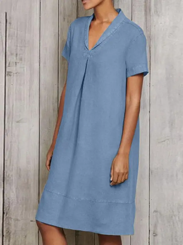 V-neck Loose Casual Solid Color Short-sleeved Short Dress - Ninacloak.com 