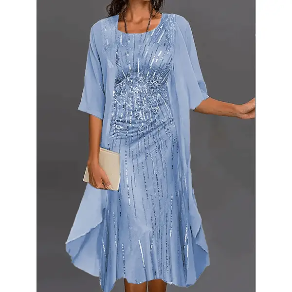 Round Neck Loose Sequin Print Resort Long Sleeve Set Midi Dress - Chrisitina.com 