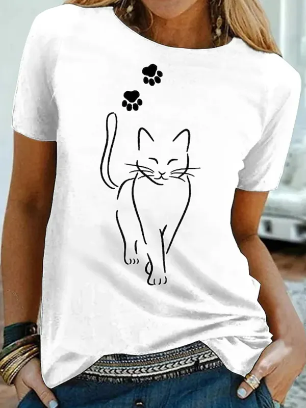 Short Sleeves Round Neck Printed Cat Printed T-shirt - Ninacloak.com 