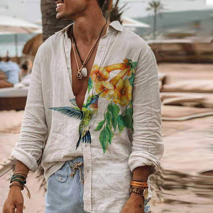 

Men's Casual Loose Floral Print Long Sleeve Shirt