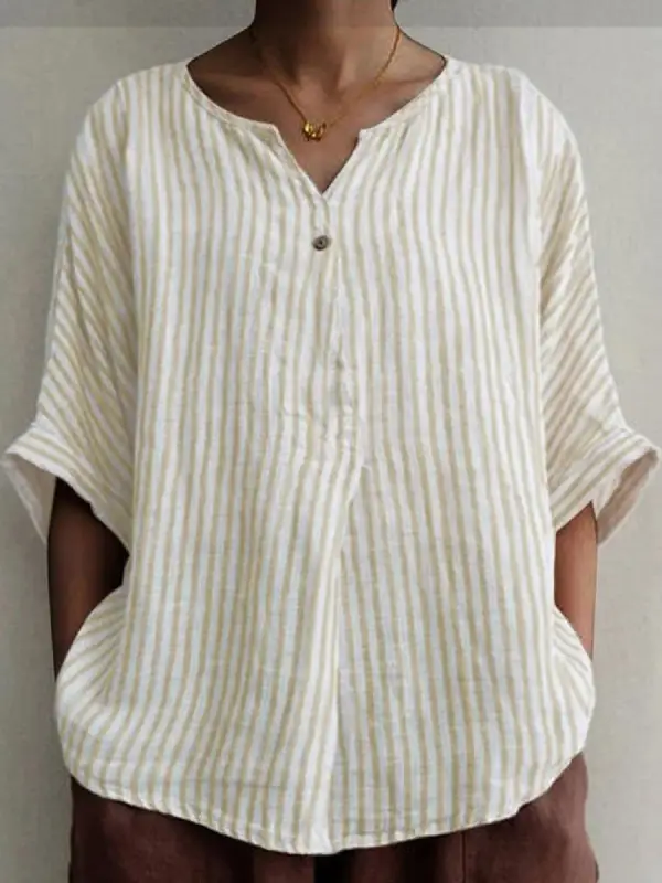 V-neck Loose Stripe Print Sunscreen Short-sleeved Blouse - Ninacloak.com 