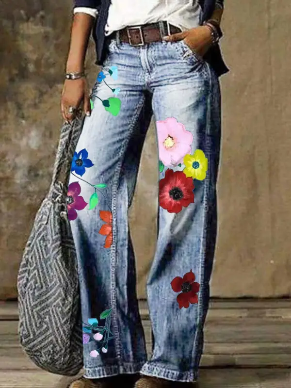 Loose-fit Straight-leg Floral-print Slit Jeans - Ninacloak.com 