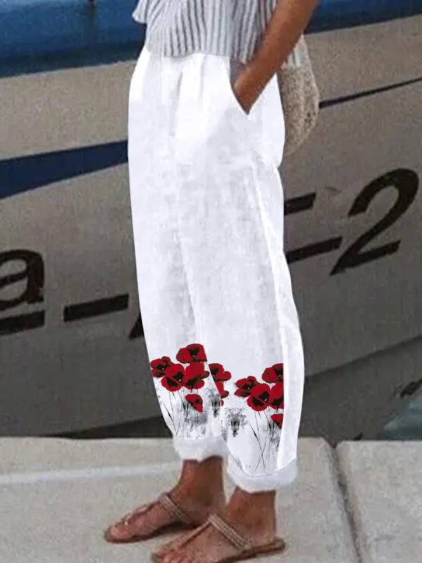 Women Printed Casual Linen-blend Printed Pants - Ninacloak.com 