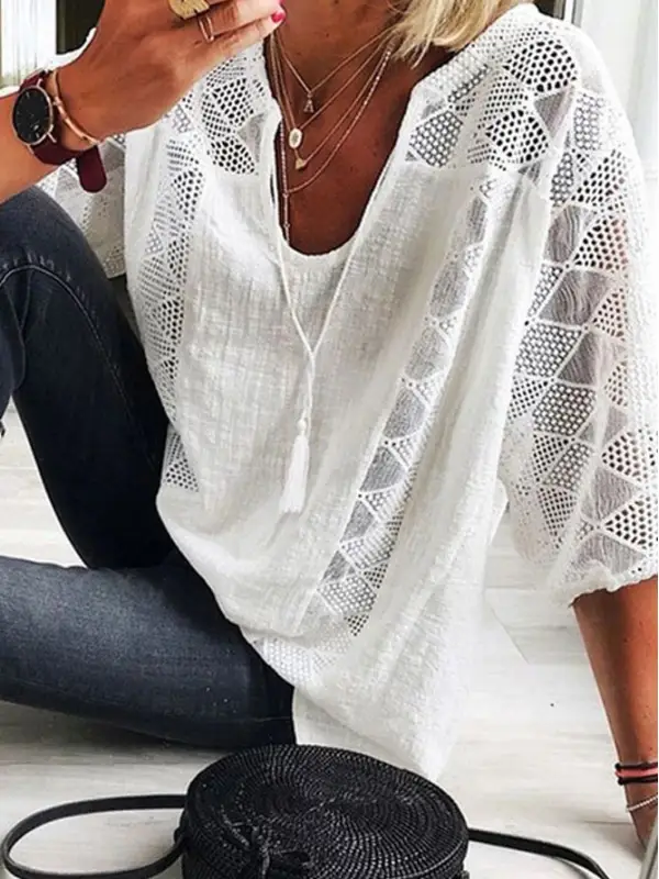 V-neck Casual Loose Solid Color Hollow Short-sleeved Blouse - Ninacloak.com 