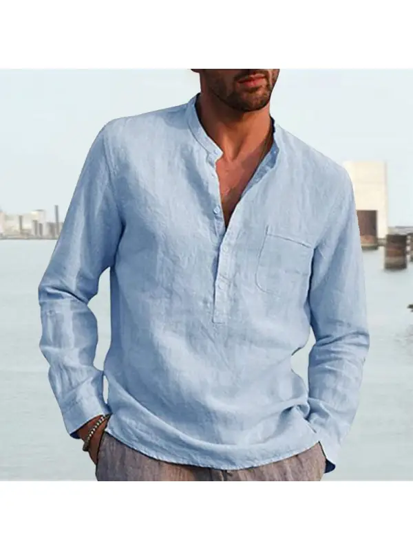 Men's Long Sleeve V Neck Casual Beach Linen Shirt - Ninacloak.com 