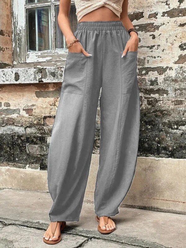 Elastic Waist Pockets Casual Women Loose Pants