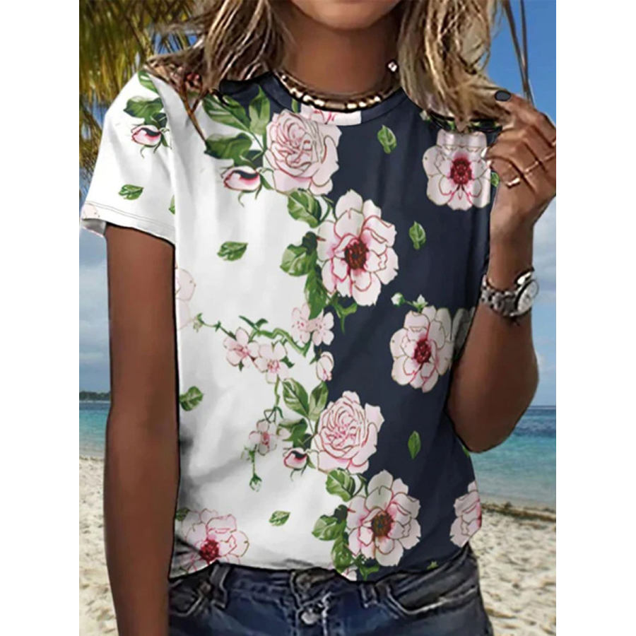 

Camiseta De Manga Curta Casual Com Estampa Floral Solta Gola Redonda