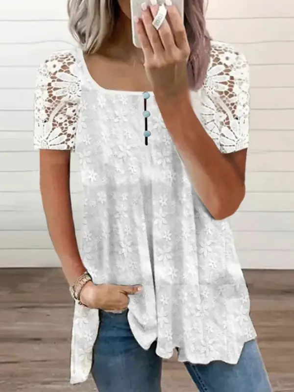 Square Collar Casual Solid Color Lace Stitching Short-sleeved Blouse - Ninacloak.com 