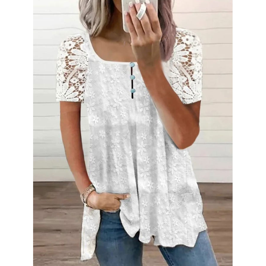 

Square Collar Casual Solid Color Lace Stitching Short-sleeved Blouse
