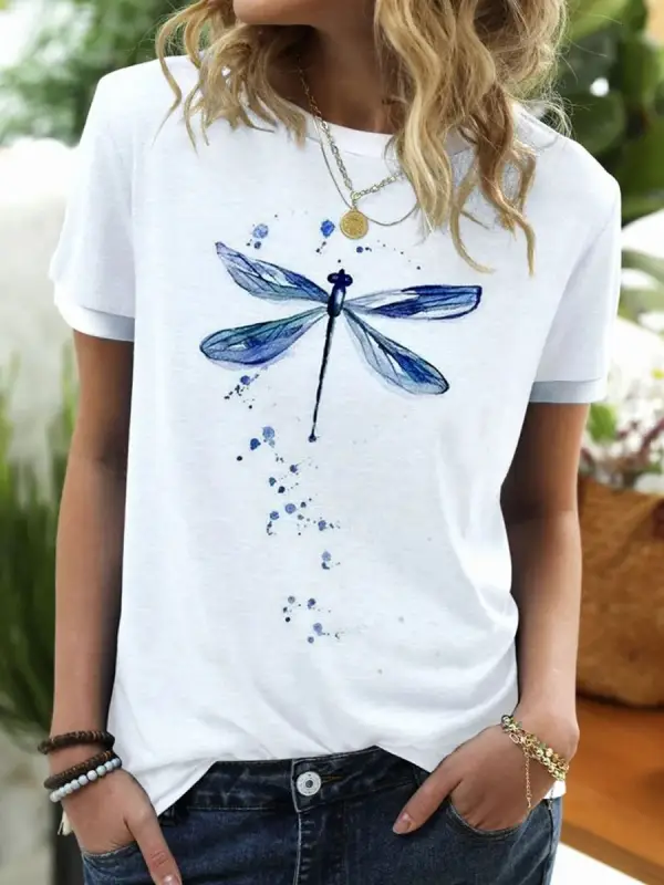 Round Neck Dragonfly Print Short-sleeved Loose T-shirt - Ninacloak.com 