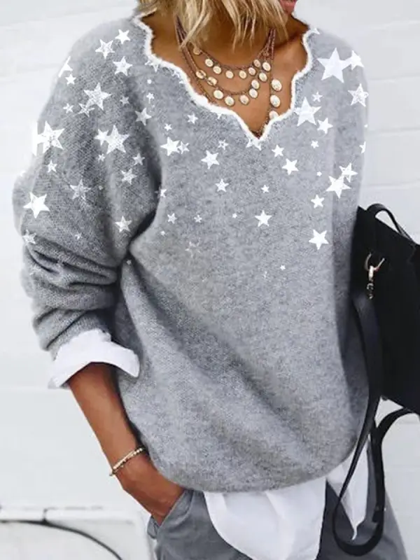Fashion Star Pattern Lace V-neck Long Sleeve Casual Pullover - Godeskplus.com 