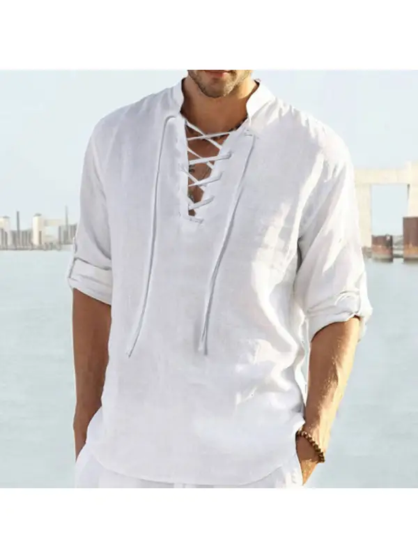 Men's Cotton Linen Drawstring Solid Color Long Sleeve Shirt - Ninacloak.com 