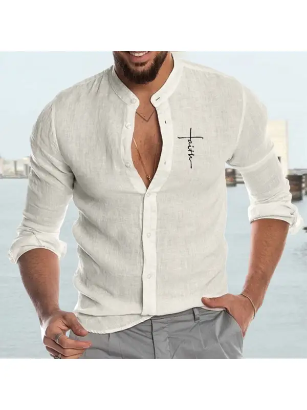 Men's Cotton Linen Cardigan Stand Collar Long Sleeve Shirt - Ninacloak.com 