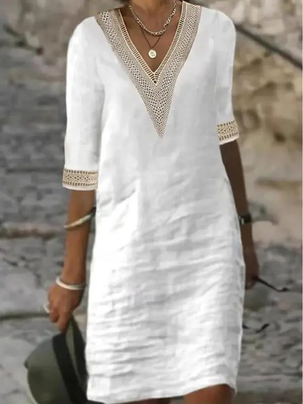 Cotton Linen V-neck Lace Half Sleeve Women's Midi Dress - Ninacloak.com 