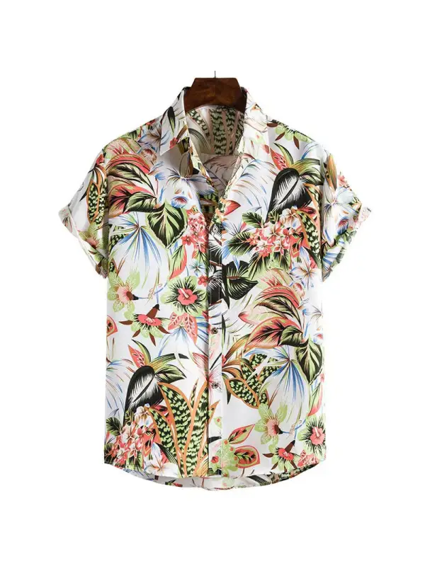 Men's Casual Floral Print Vacation Short Sleeve Cardigan Shirt - Ninacloak.com 