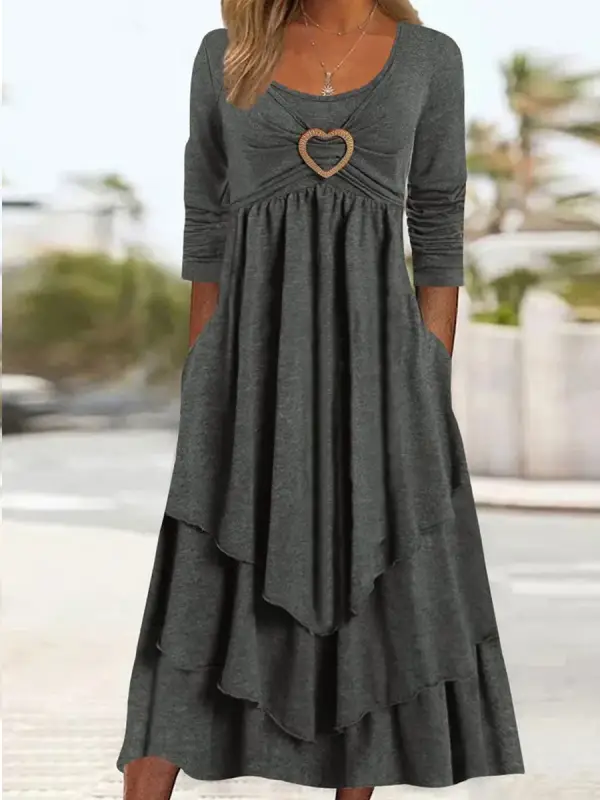 Solid Color Waisted Heart Decoration Layer Cake Casual Dress - Ninacloak.com 