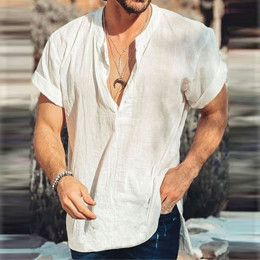 

Men's Casual Loose Solid Color Short-sleeved Cotton And Linen Shirt