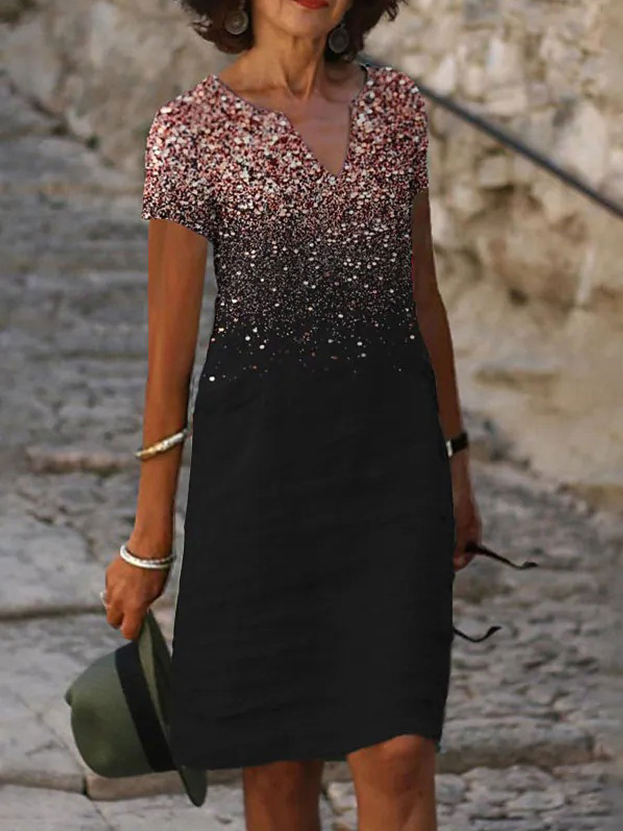 V-neck Casual Loose Sequin Print Short-sleeved Short Dress