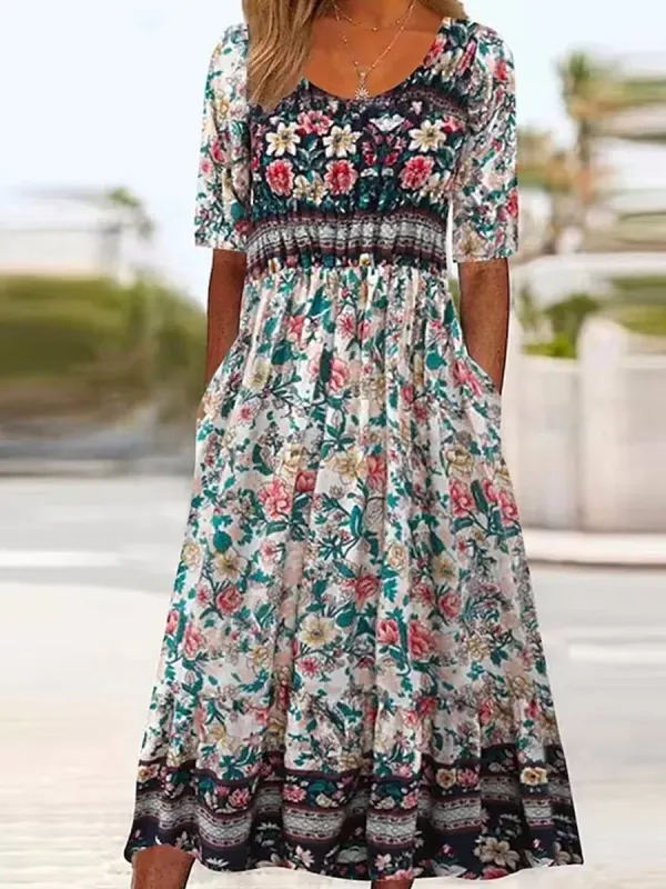 Vintage Printed Casual Short Sleeves Round Neck Midi Dress