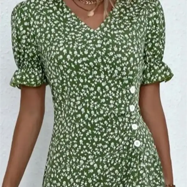 V-Neck Floral Print Button Short Sleeve Blouse - Blaroken.com 