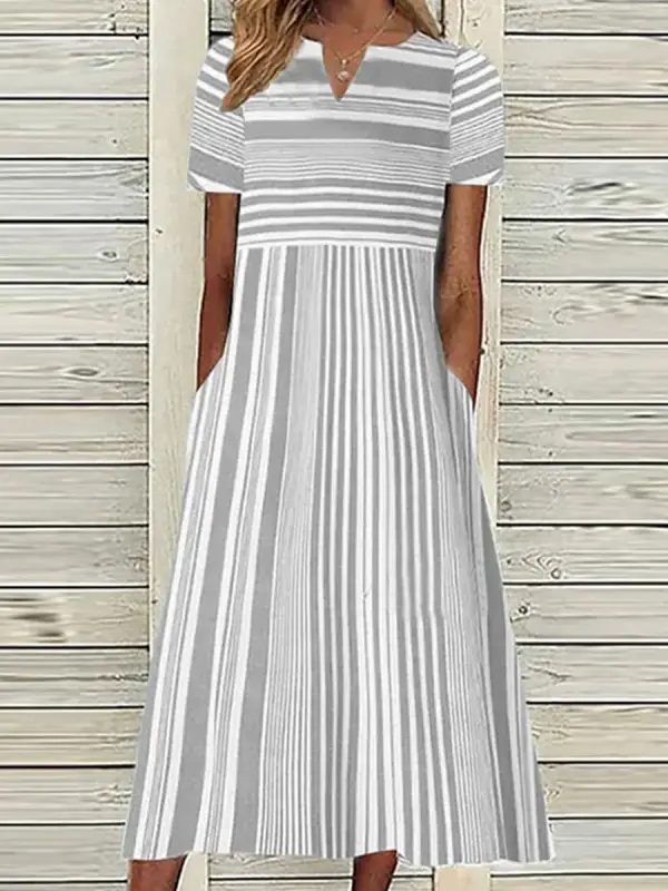 V-Neck Casual Loose Striped Print Short-Sleeved Midi Dress - Ninacloak.com 