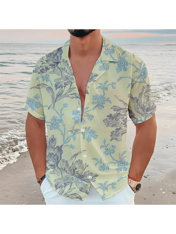 Men's Floral And Leaf Print Vacation Short Sleeve Shirt - Ninacloak.com 
