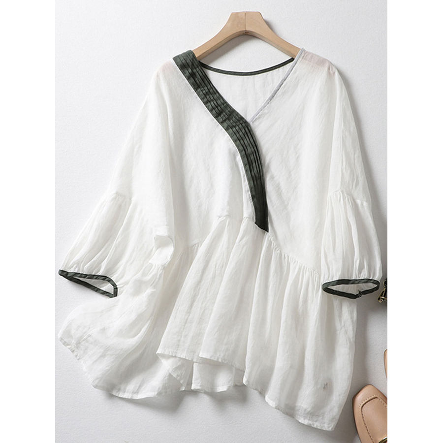 

V-Neck Casual Loose Color Contrast Stitching Short-Sleeved Blouse