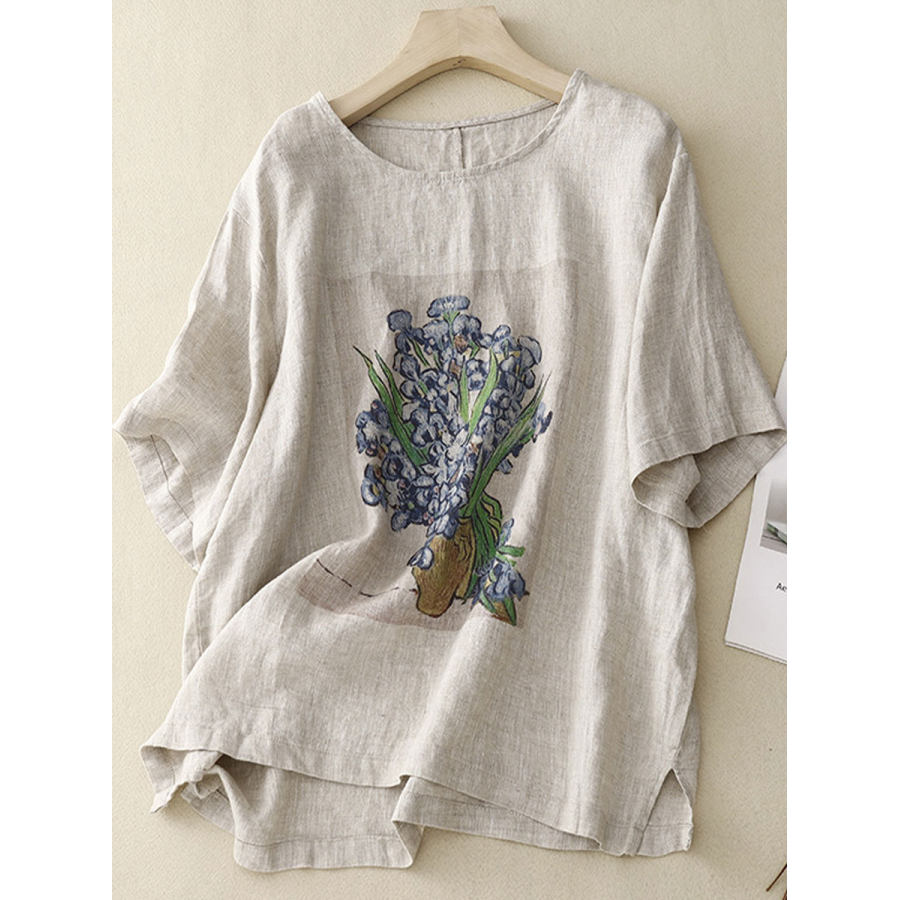 

Round Neck Casual Loose Floral Print Short Sleeve Blouse