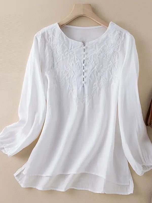 Round Neck Casual Loose Embroidered Long Sleeve Blouse - Ninacloak.com 