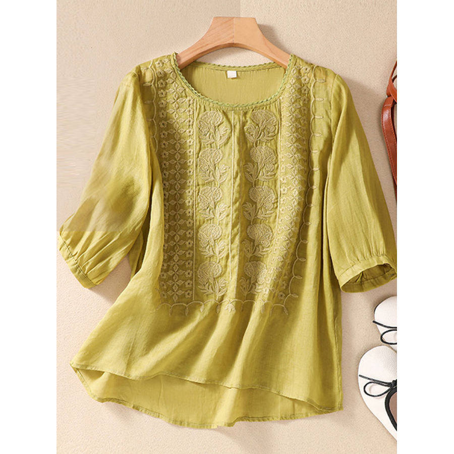 

Blusa De Gola Redonda Casual Solta Bordada Manga Curta