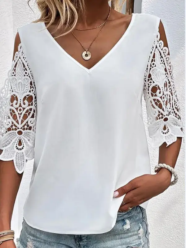 V-Neck Lace Stitching Casual Loose Solid Color Short-Sleeved Blouse - Ninacloak.com 