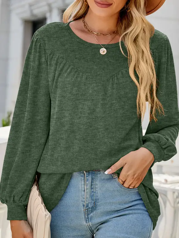 Round Neck Casual Loose Solid Color Long Sleeve T-shirt - Ninacloak.com 