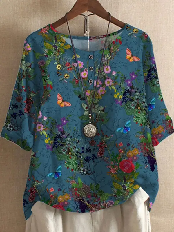 Round Neck Casual Loose Floral Print Short Sleeve Blouse