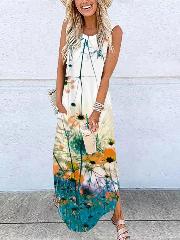 Round Neck Casual Loose Floral Print Resort Sleeveless Maxi Dress ...