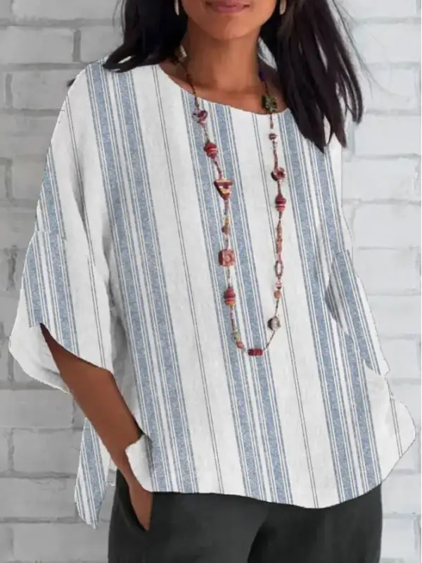 Casual Loose Striped Printed Cotton And Linen Short-Sleeved Blouse - Ninacloak.com 