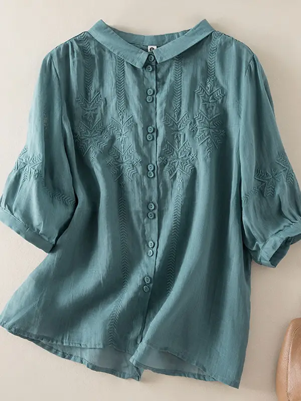 Casual Loose Solid Color Embroidered Short-Sleeved Blouse - Ninacloak.com 