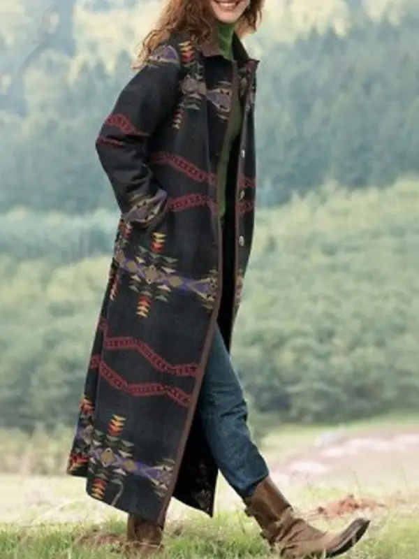 Casual Tribal Printed Long Sleeve Overcoat - Ninacloak.com 