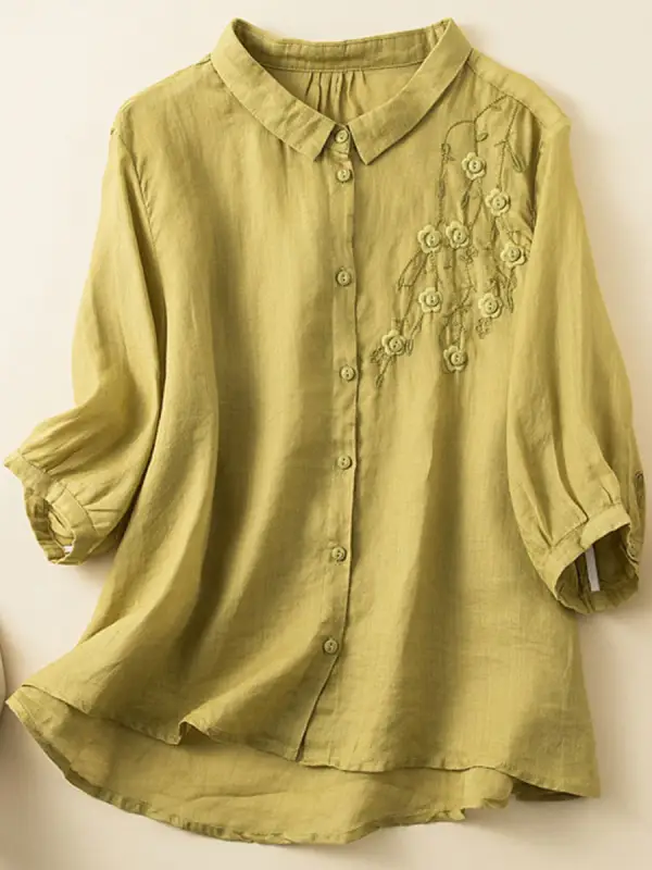 Casual Loose Solid Color Embroidered Long-Sleeved Blouse - Ninacloak.com 