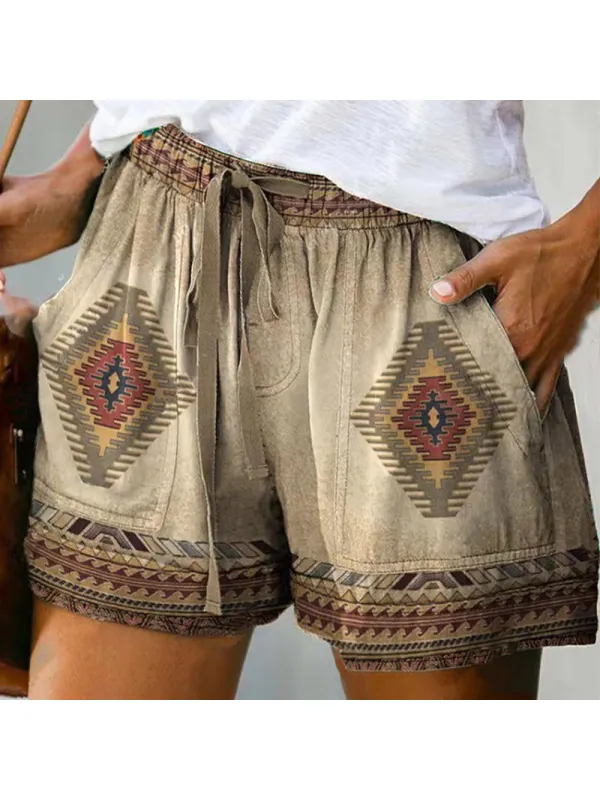 Women's Retro Ethnic Printing Loose Beach Shorts Casual Home Shorts - Ninacloak.com 