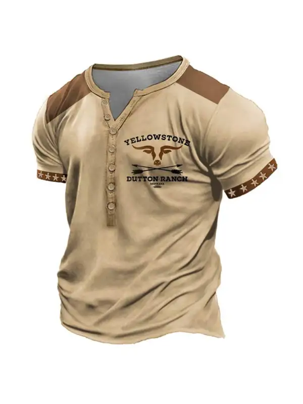 Men's T-Shirt Henley Vintage Western Yellowstone Stars Colorblock Plus Size Summer Daily Tops Khaki - Ninacloak.com 