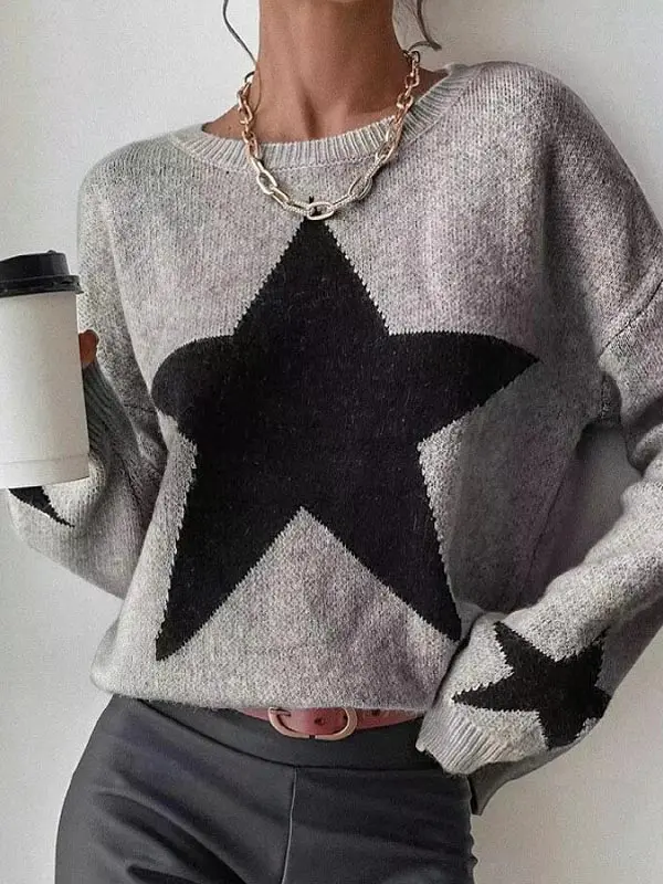 Crew-neck Star Graphic Knited Sweater Pullover - Viewbena.com 