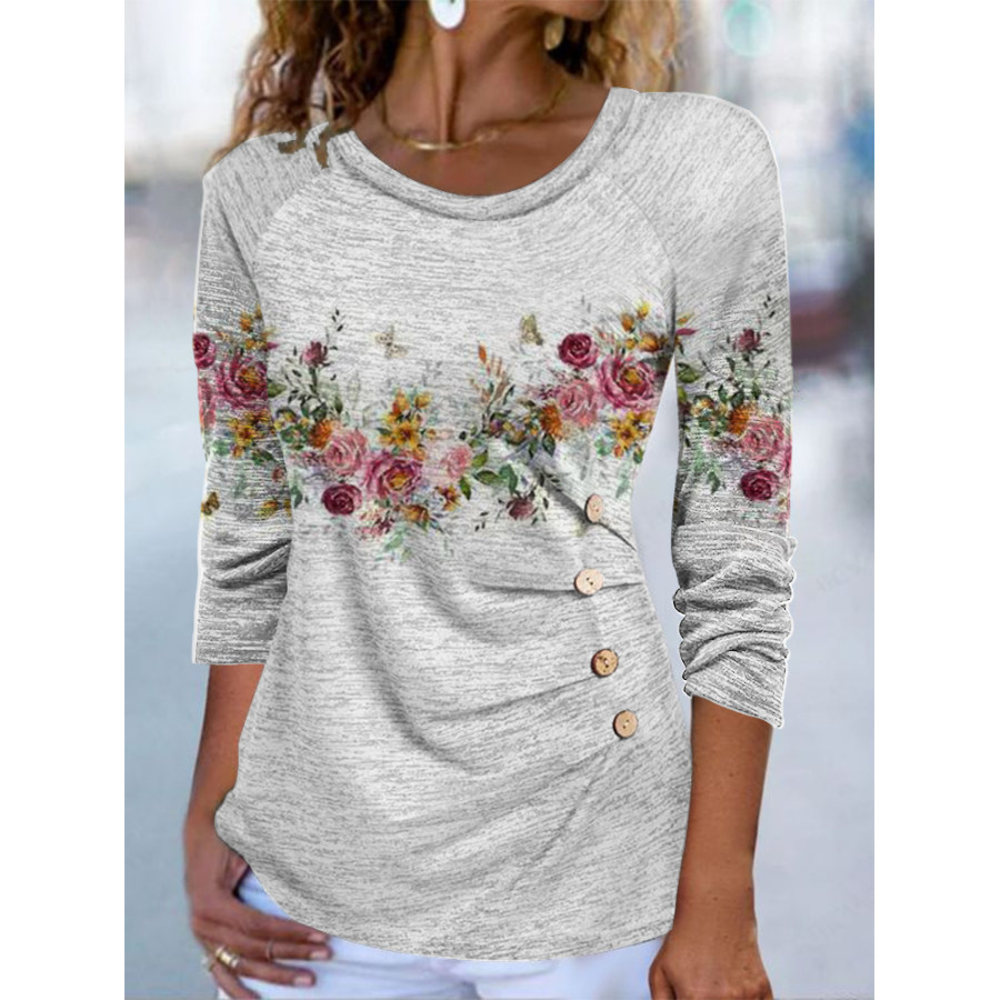 

Camiseta Manga Longa Com Estampa Floral E Gola Redonda