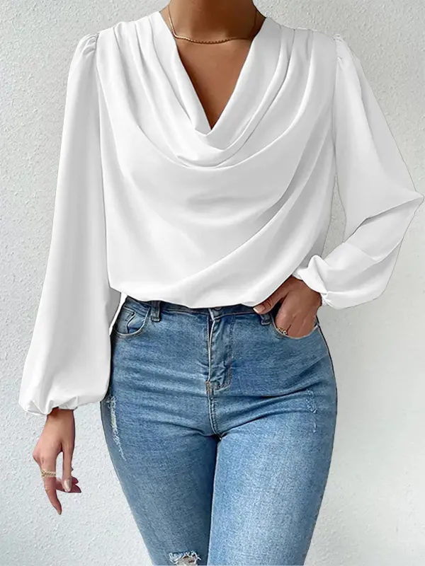 Women's Vintage Solid Elegant Pleated Puff Sleeve Shirt - Ninacloak.com 