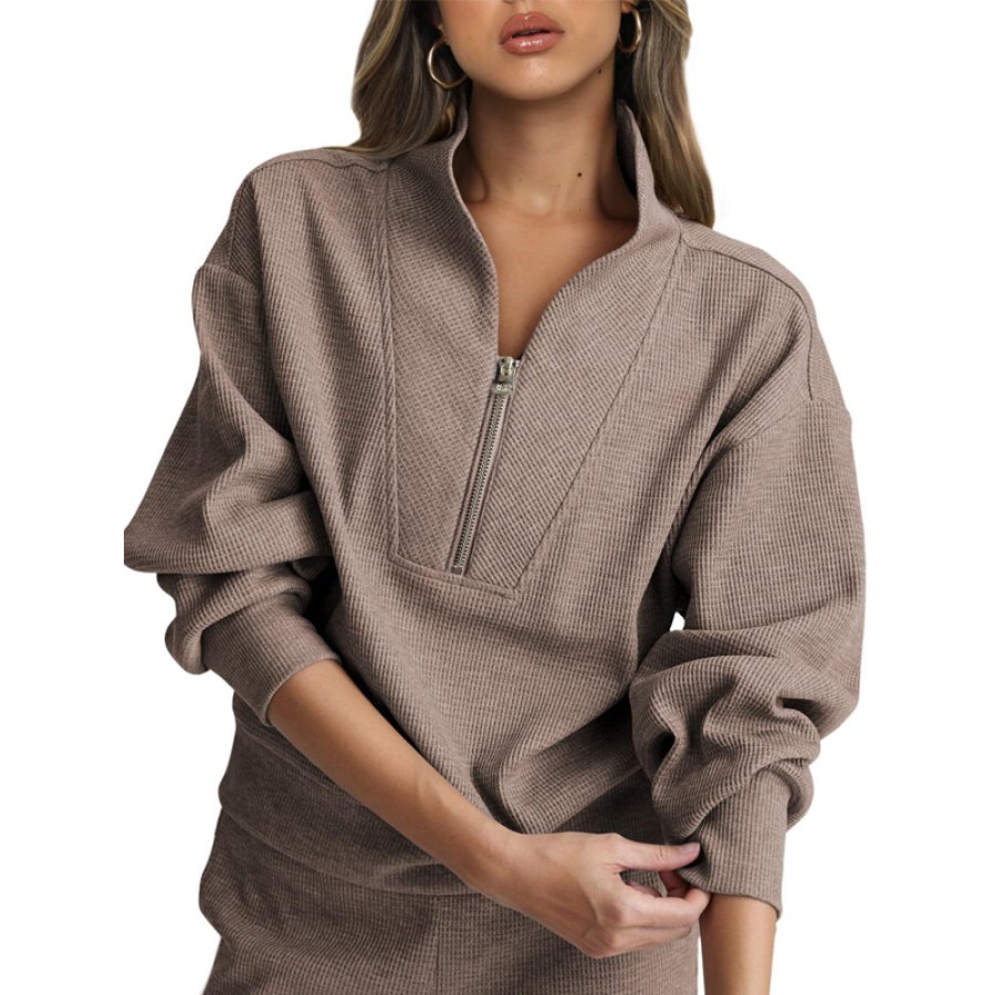 

Pullover Da Donna In Maglia Waffle A Maniche Lunghe Con Cerniera E Colletto Alla Coreana Felpa Casual