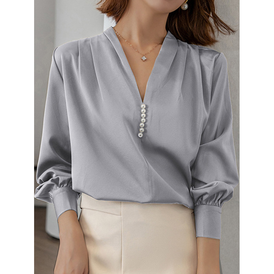 

Женские винтажные элегантные блузки с жемчугом и V-образным вырезом плиссированные с длинными рукавами