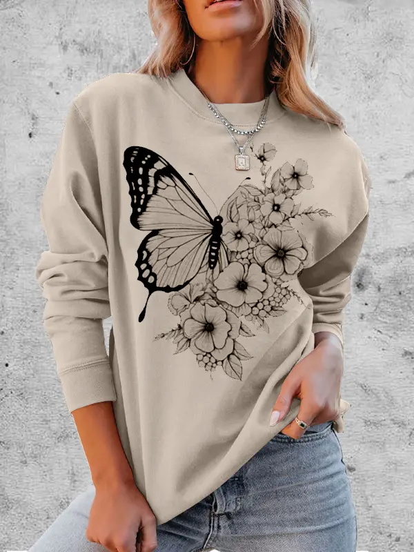 Women's Butterflies Flower Graphic Print Comfortable Soft Sweatshirt Tops - Ninacloak.com 