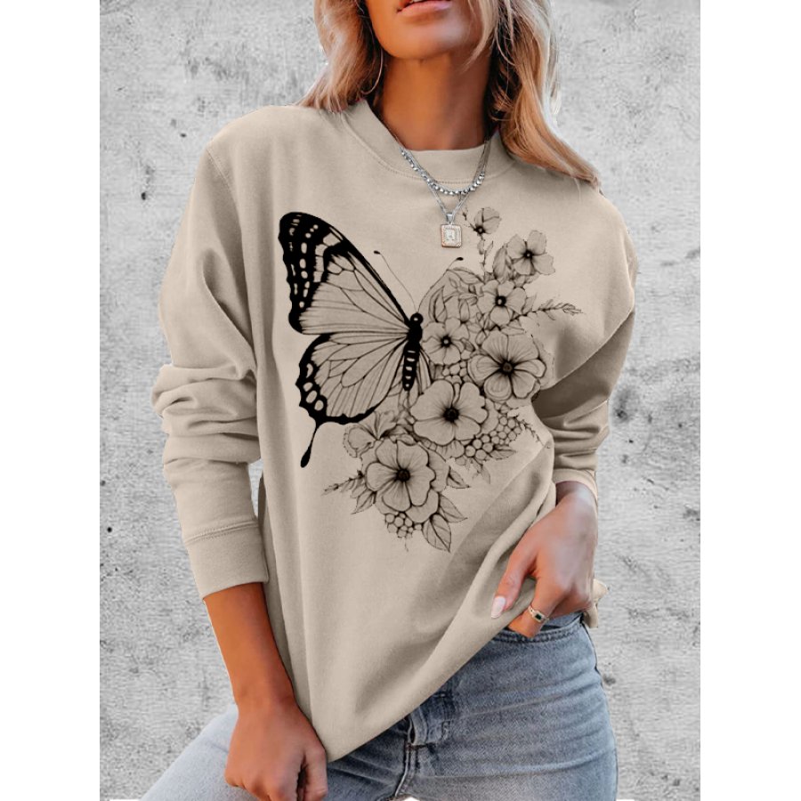 

Sudadera Suave Y Cómoda Con Estampado Gráfico De Flores Y Mariposas Para Mujer