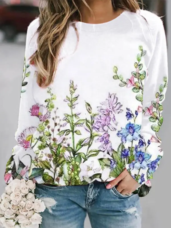 Casual Floral Print Crew Neck Long Sleeve Sweatshirt - Ninacloak.com 